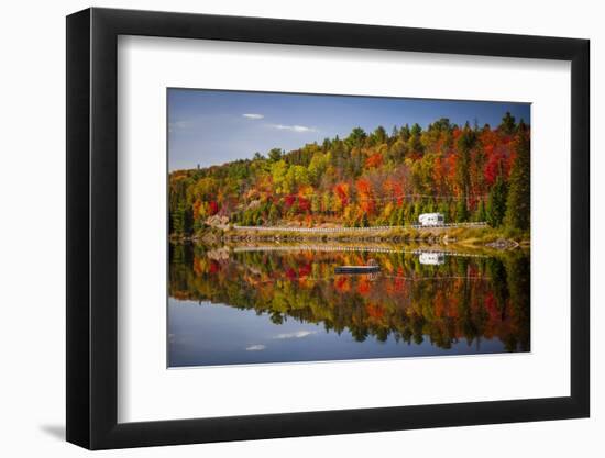 Fall Forest with Colorful Autumn Leaves and Highway 60 Reflecting in Lake of Two Rivers.  Algonquin-elenathewise-Framed Photographic Print