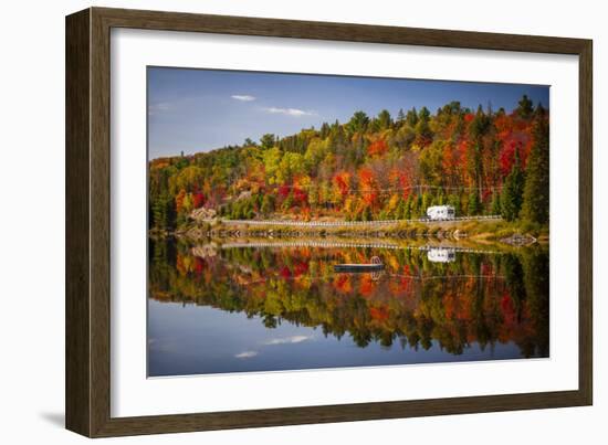 Fall Forest with Colorful Autumn Leaves and Highway 60 Reflecting in Lake of Two Rivers.  Algonquin-elenathewise-Framed Photographic Print