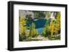 Fall larch trees and hikers on trail above Lake Agness, Banff National Park, Alberta, Canada-Russ Bishop-Framed Photographic Print