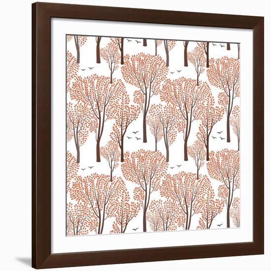 Fall Nature Wildlife Seamless Pattern Autumn Trees Background Plant with Leaves. Forest Birds Ornam-Yoko Design-Framed Art Print