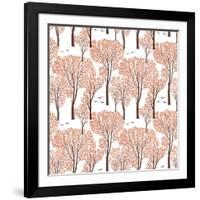 Fall Nature Wildlife Seamless Pattern Autumn Trees Background Plant with Leaves. Forest Birds Ornam-Yoko Design-Framed Art Print