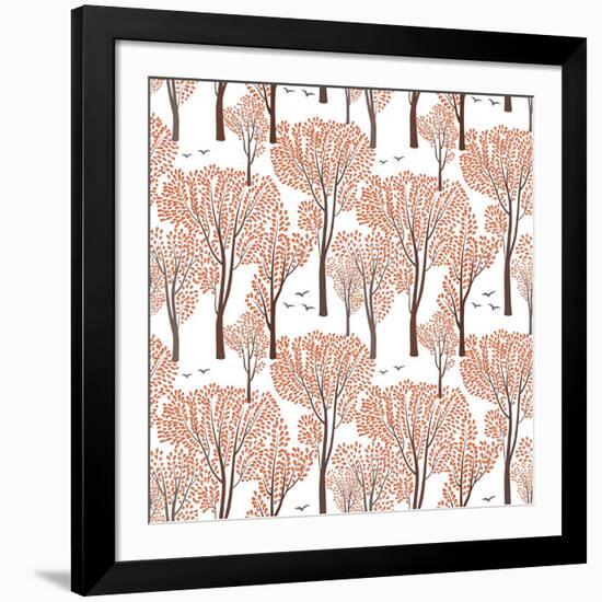 Fall Nature Wildlife Seamless Pattern Autumn Trees Background Plant with Leaves. Forest Birds Ornam-Yoko Design-Framed Art Print