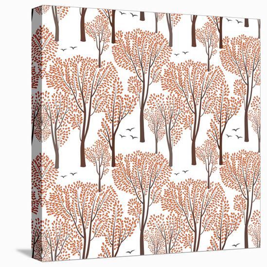 Fall Nature Wildlife Seamless Pattern Autumn Trees Background Plant with Leaves. Forest Birds Ornam-Yoko Design-Stretched Canvas
