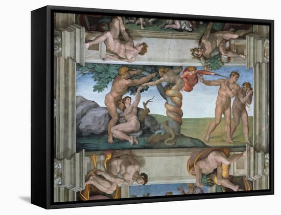 Fall of Mankind and Expulsion from Paradise, Ceiling Painting in the Sistine Chapel-Michelangelo Buonarroti-Framed Stretched Canvas