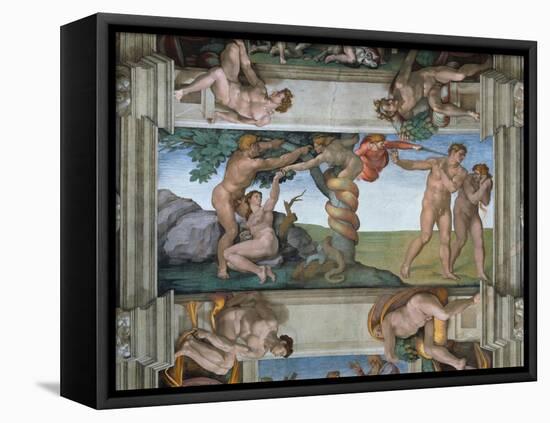 Fall of Mankind and Expulsion from Paradise, Ceiling Painting in the Sistine Chapel-Michelangelo Buonarroti-Framed Stretched Canvas