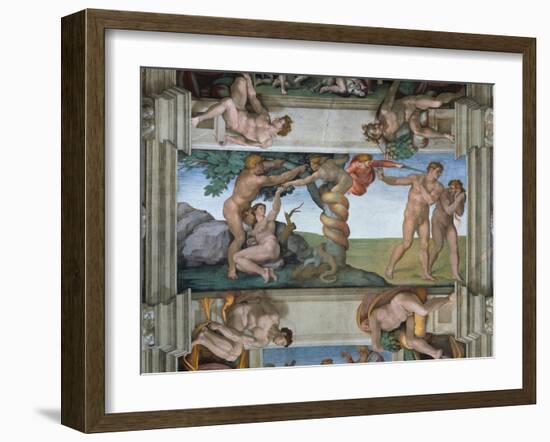 Fall of Mankind and Expulsion from Paradise, Ceiling Painting in the Sistine Chapel-Michelangelo Buonarroti-Framed Giclee Print