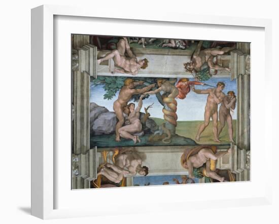 Fall of Mankind and Expulsion from Paradise, Ceiling Painting in the Sistine Chapel-Michelangelo Buonarroti-Framed Giclee Print