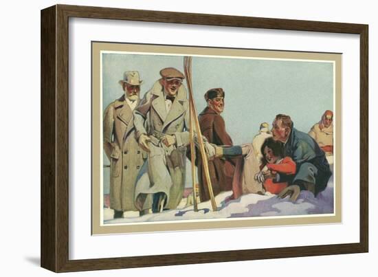 Fallen Skier, Men in Trench Coats-null-Framed Art Print