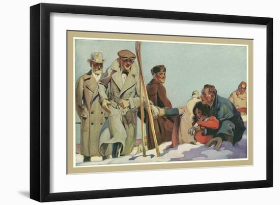 Fallen Skier, Men in Trench Coats-null-Framed Art Print