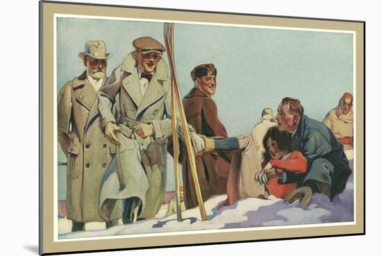 Fallen Skier, Men in Trench Coats-null-Mounted Art Print