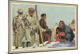 Fallen Skier, Men in Trench Coats-null-Mounted Art Print