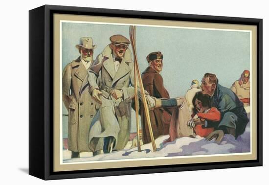 Fallen Skier, Men in Trench Coats-null-Framed Stretched Canvas