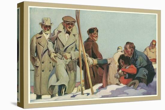 Fallen Skier, Men in Trench Coats-null-Stretched Canvas