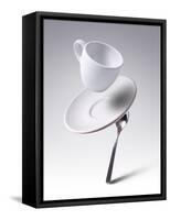 Falling Coffee Cup With Spoon And Saucer-adnrey-Framed Stretched Canvas