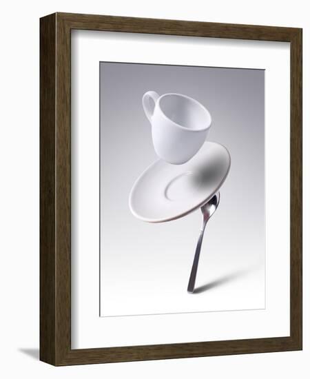 Falling Coffee Cup With Spoon And Saucer-adnrey-Framed Photographic Print