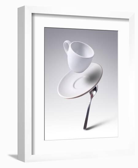 Falling Coffee Cup With Spoon And Saucer-adnrey-Framed Photographic Print