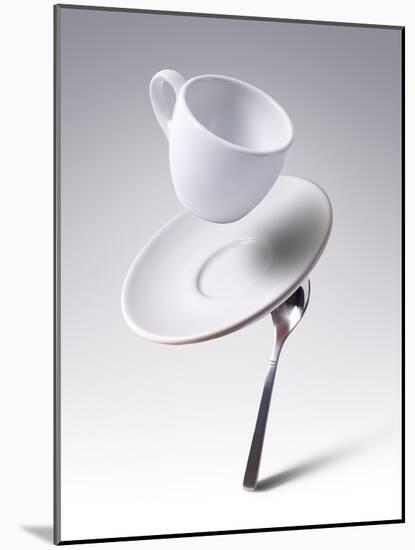 Falling Coffee Cup With Spoon And Saucer-adnrey-Mounted Photographic Print