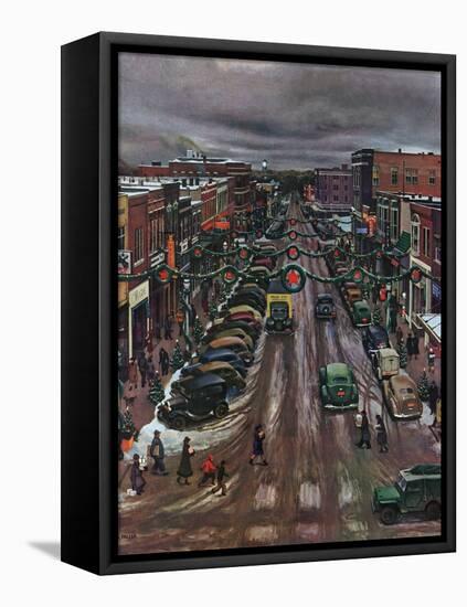 "Falls City, Nebraska at Christmas," December 21, 1946-John Falter-Framed Stretched Canvas