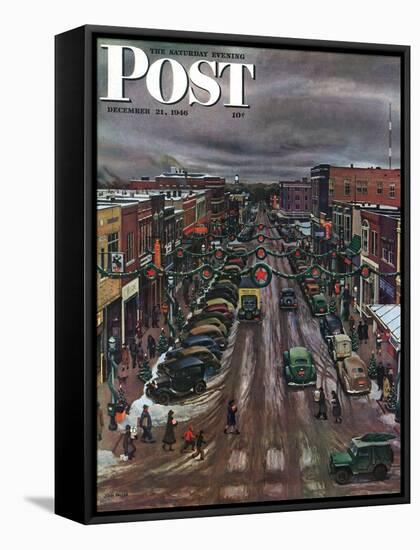 "Falls City, Nebraska at Christmas," Saturday Evening Post Cover, December 21, 1946-John Falter-Framed Stretched Canvas