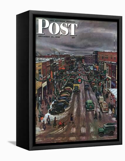 "Falls City, Nebraska at Christmas," Saturday Evening Post Cover, December 21, 1946-John Falter-Framed Stretched Canvas