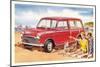 Family Beach Outing with Car-null-Mounted Art Print