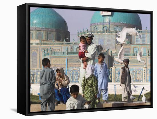 Family Feeding the Famous White Pigeons, Shrine of Hazrat Ali, Mazar-I-Sharif, Afghanistan-Jane Sweeney-Framed Stretched Canvas