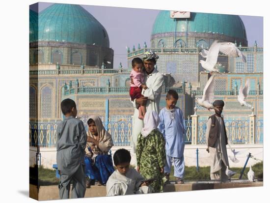 Family Feeding the Famous White Pigeons, Shrine of Hazrat Ali, Mazar-I-Sharif, Afghanistan-Jane Sweeney-Stretched Canvas