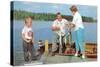 Family Fishing on Midwestern Lake, Retro-null-Stretched Canvas
