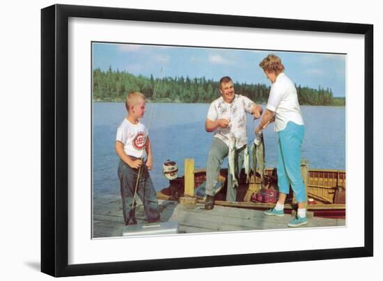 Family Fishing on Midwestern Lake, Retro-null-Framed Art Print