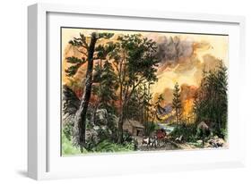 Family Fleeing a Forest Fire in the Maine Woods, 1850s-null-Framed Giclee Print