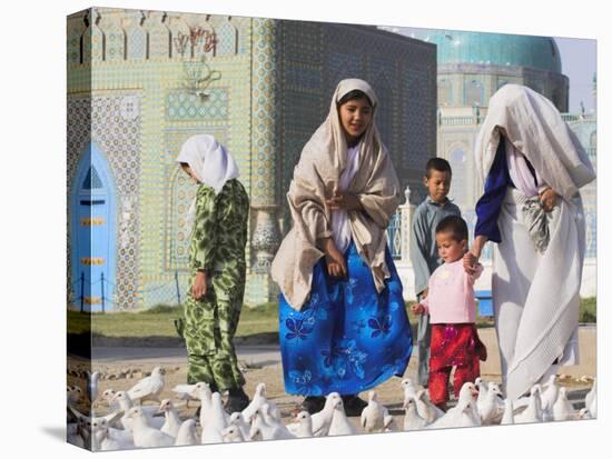 Family Looking at the Famous White Pigeons, Shrine of Hazrat Ali, Mazar-I-Sharif, Afghanistan-Jane Sweeney-Stretched Canvas