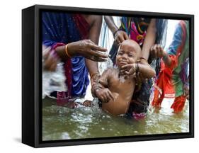 Family Members Give Bath to a Child after a Mundan or Head Tonsured Ceremony-null-Framed Stretched Canvas