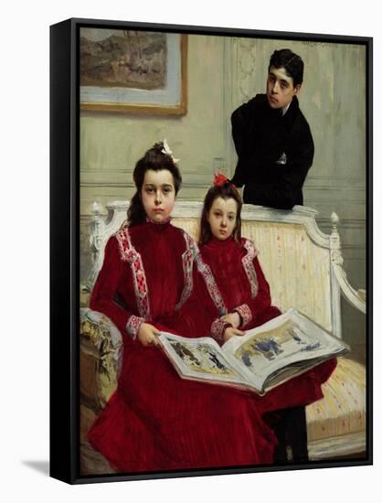 Family Portrait of a Boy and His Two Sisters, 1900-Francois Flameng-Framed Stretched Canvas