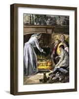 Family Waiting for Roast Pig and a Pot of Food Cooking for Christmas Dinner-null-Framed Giclee Print