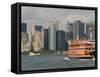 Famous Orange Staten Island Ferry Approaches Lower Manhattan, New York-John Woodworth-Framed Stretched Canvas