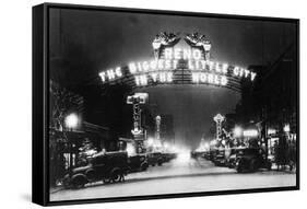 Famous Reno Entrance Sign Lit Up at Night - Reno, NV-Lantern Press-Framed Stretched Canvas