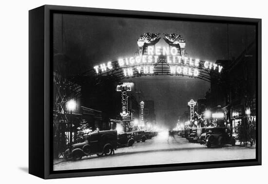 Famous Reno Entrance Sign Lit Up at Night - Reno, NV-Lantern Press-Framed Stretched Canvas