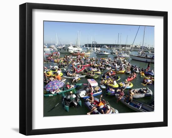 Fans Crowd into Boats, Kayaks, and Rafts Waiting for Their Chance to Catch a Home Run Ball-null-Framed Premium Photographic Print