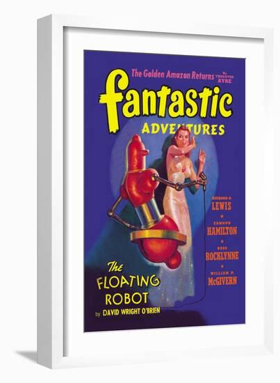 Fantastic Adventures: Floating Robot and Woman-null-Framed Art Print