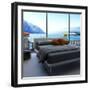 Fantastic Bedroom Interior with Grey Bed with Bedsheets Against Huge Window with Panoramic View-PlusONE-Framed Photographic Print