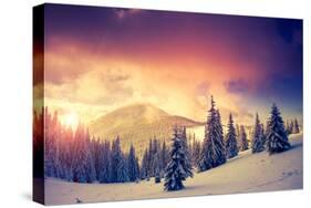 Fantastic Evening Landscape in a Colorful Sunlight. Dramatic Wintry Scene. National Park Carpathian-Leonid Tit-Stretched Canvas