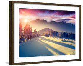 Fantastic Evening Landscape in a Colorful Sunlight. Dramatic Wintry Scene. National Park Carpathian-Leonid Tit-Framed Photographic Print