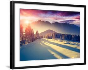 Fantastic Evening Landscape in a Colorful Sunlight. Dramatic Wintry Scene. National Park Carpathian-Leonid Tit-Framed Photographic Print