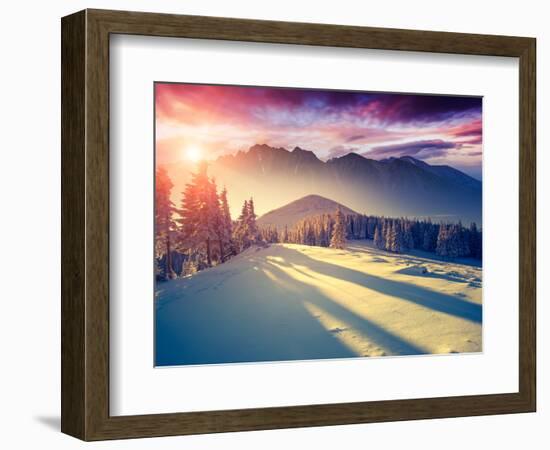 Fantastic Evening Landscape in a Colorful Sunlight. Dramatic Wintry Scene. National Park Carpathian-Leonid Tit-Framed Photographic Print