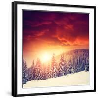 Fantastic Evening Landscape in a Colorful Sunlight. Dramatic Wintry Scene. National Park Carpathian-Leonid Tit-Framed Photographic Print