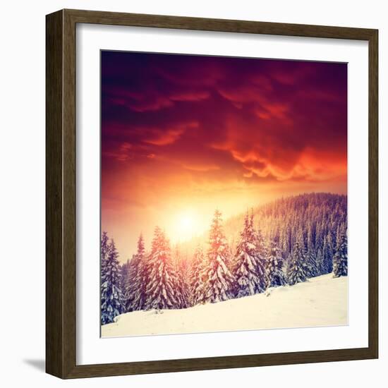 Fantastic Evening Landscape in a Colorful Sunlight. Dramatic Wintry Scene. National Park Carpathian-Leonid Tit-Framed Photographic Print