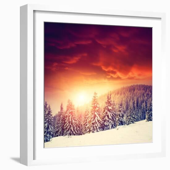 Fantastic Evening Landscape in a Colorful Sunlight. Dramatic Wintry Scene. National Park Carpathian-Leonid Tit-Framed Photographic Print