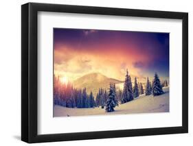 Fantastic Evening Landscape in a Colorful Sunlight. Dramatic Wintry Scene. National Park Carpathian-Leonid Tit-Framed Photographic Print