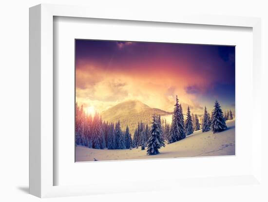 Fantastic Evening Landscape in a Colorful Sunlight. Dramatic Wintry Scene. National Park Carpathian-Leonid Tit-Framed Photographic Print