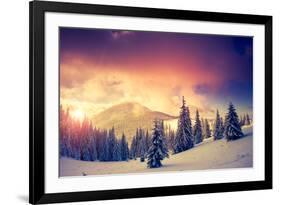 Fantastic Evening Landscape in a Colorful Sunlight. Dramatic Wintry Scene. National Park Carpathian-Leonid Tit-Framed Photographic Print